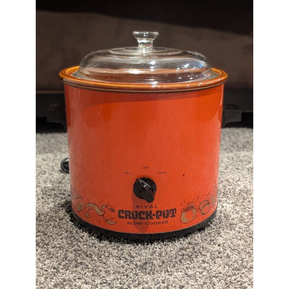 Vintage Rival Crock-Pot Model 3100 Slow Cooker 3.5 Qt Flame Orange 1970s Retro